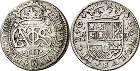 1709. Carlos III, Pretendiente. Barcelona. 2 reales. (AC. 30). 4,73 g. MBC-.