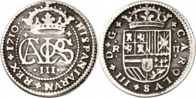 1710. Carlos III, Pretendiente. Barcelona. 2 reales. (AC. 31). 4,31 g. MBC-.