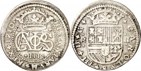 1710. Carlos III, Pretendiente. Barcelona. 2 reales. (AC. 31). 4,70 g. MBC-.