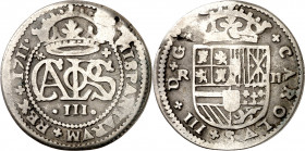 1711. Carlos III, Pretendiente. Barcelona. 2 reales. (AC. 32). Excesos de plata. 4,13 g. BC+.