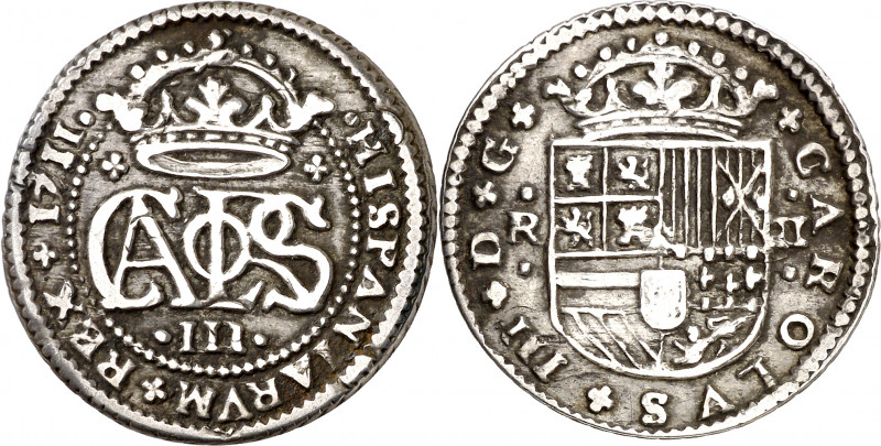 1711. Carlos III, Pretendiente. Barcelona. 2 reales. (AC. 32). 5 g. MBC.