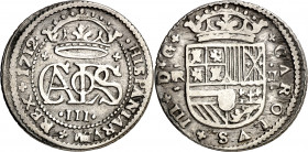 1712/1. Carlos III, Pretendiente. Barcelona. 2 reales. (AC. 32.2). Rara rectificación. 4,57 g. MBC/MBC-.