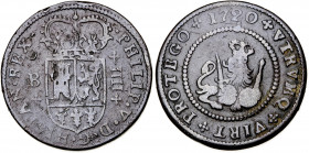 1720. Felipe V. Barcelona. 4 maravedís. (AC. 84). 8,69 g. BC+.