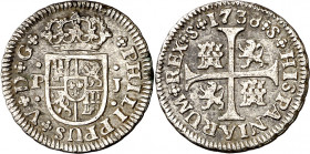 1738. Felipe V. Sevilla. PJ. 1/2 real. (AC. 345). Único año de este ensayador. Golpecito y rayitas. MBC.