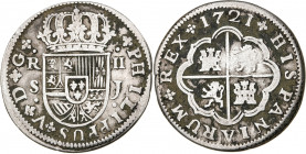 1721. Felipe V. Sevilla. J. 2 reales. (AC. 979). Suciedades. 4,55 g. BC+.