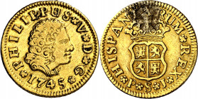 1745. Felipe V. Sevilla. PJ. 1/2 escudo. (AC. 1651). Restos de soldadura en reverso. 1,76 g. (MBC-).