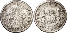 1755. Fernando VI. México. M. 2 reales. (AC. 297). Columnario. 6,51 g. BC+.