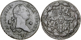 1796. Carlos IV. Segovia. 4 maravedís. (AC. 50). 5,08 g. MBC-.