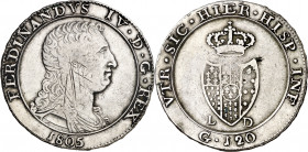 1805. Fernando IV de Nápoles, infante de España. Nápoles. L-D. 120 grana. (Vti. 307) (Kr. 247). Limpiada. Golpecitos. Escasa. 27,38 g. (MBC-).