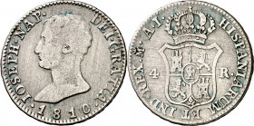 1810. José Napoleón. Madrid. AI. 4 reales. (AC. 14). Rayitas. 5,73 g. BC+.