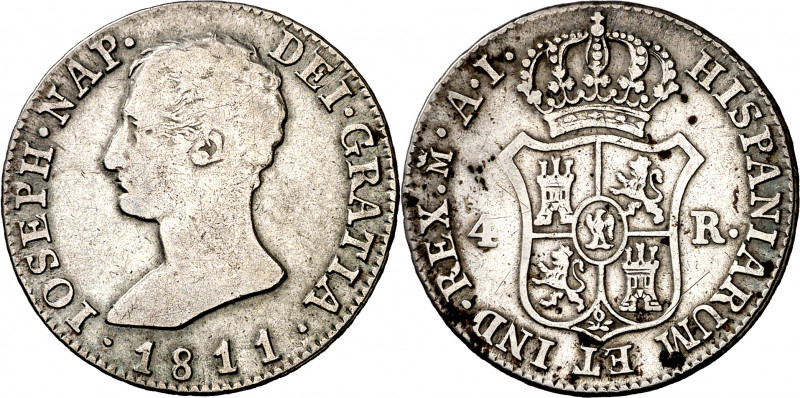 1811. José Napoleón. Madrid. AI. 4 reales. (AC. 15). 5,80 g. BC+.