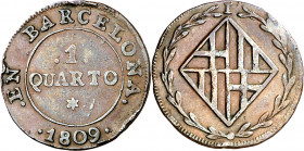 1809. Catalunya Napoleónica. Barcelona. 1 cuarto. (AC. 3). Golpes. Muy rara. 2,04 g. (MBC).