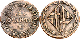 1813. Catalunya Napoleónica. Barcelona. 1 cuarto. (AC. 8). Acuñada sobre 1 maravedí de Barcelona de Felipe V. Escasa. 2,14 g. MBC-.