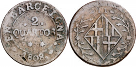 1808. Catalunya Napoleónica. Barcelona. 2 cuartos. (AC. 9). Escasa. 4,17 g. BC+.