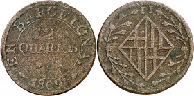 1809. Catalunya Napoleónica. Barcelona. 2 cuartos. (AC. 10). Escasa. 4,22 g. BC.