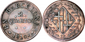 1810. Catalunya Napoleónica. Barcelona. 2 cuartos. (AC. 11). Rara. 3,85 g. MBC-/MBC.