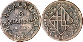 1813. Catalunya Napoleónica. Barcelona. 2 cuartos. (AC. 12). Golpecitos. Escasa. 4,15 g. MBC-.