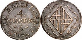 1808. Catalunya Napoleónica. Barcelona. 4 cuartos. (AC. 14). Leves hojitas. Buen ejemplar. Escasa así. 9,17 g. MBC+.
