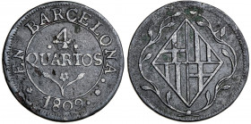 1809. Catalunya Napoleónica. Barcelona. 4 cuartos. (AC. 15). Hojitas. 7,45 g. MBC-.