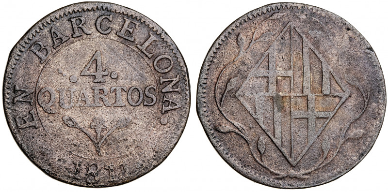 1811. Catalunya Napoleónica. Barcelona. 4 cuartos. (AC. 17). 7,71 g. BC+.