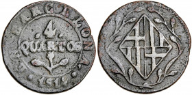 1814. Catalunya Napoleónica. Barcelona. 4 cuartos. (AC. 31). Fundida. 8 g. BC+.