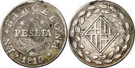1810. Catalunya Napoleónica. Barcelona. 1 peseta. (AC. 34). Soldadura en canto. Escasa. 5,10 g. (MBC-).
