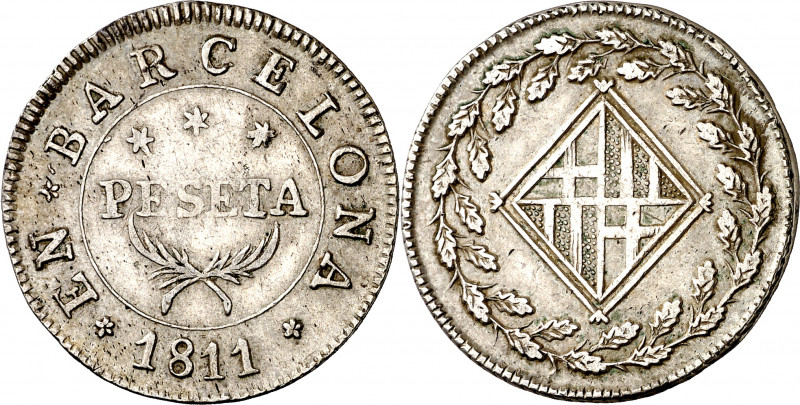 1811. Catalunya Napoleónica. Barcelona. 1 peseta. (AC. 35). Escasa así. 5,45 g. ...