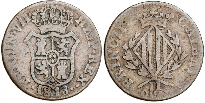 1813. Fernando VII. Catalunya (Mallorca). 2 cuartos. (AC. 7). Escasa. 4,89 g. BC...