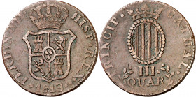 1813. Fernando VII. Catalunya (Mallorca). 3 cuartos. (AC. 13). 3 curvo. 7,16 g. BC+/MBC-.