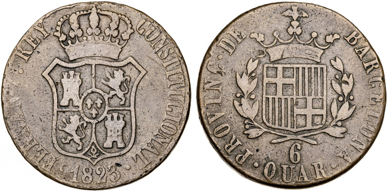 1823. Fernando VII. Barcelona. 6 cuartos. (AC. 21). Golpecitos. 13,57 g. BC+/MBC...