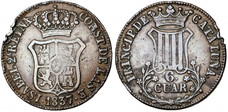 1837. Isabel II. Barcelona. 6 cuartos. (AC. 17). Golpecitos. 12,92 g. BC+/MBC-.