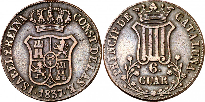 1837. Isabel II. Barcelona. 6 cuartos. (AC. 17). 13,68 g. MBC+.