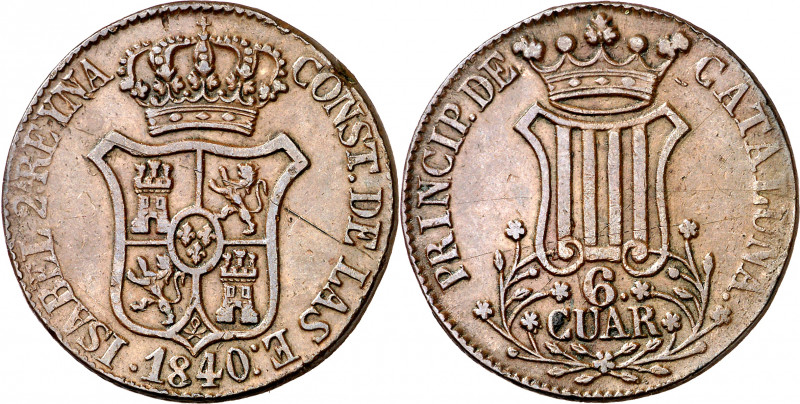 1840. Isabel II. Barcelona. 6 cuartos. (AC. 21). Rayitas. 13 g. MBC.