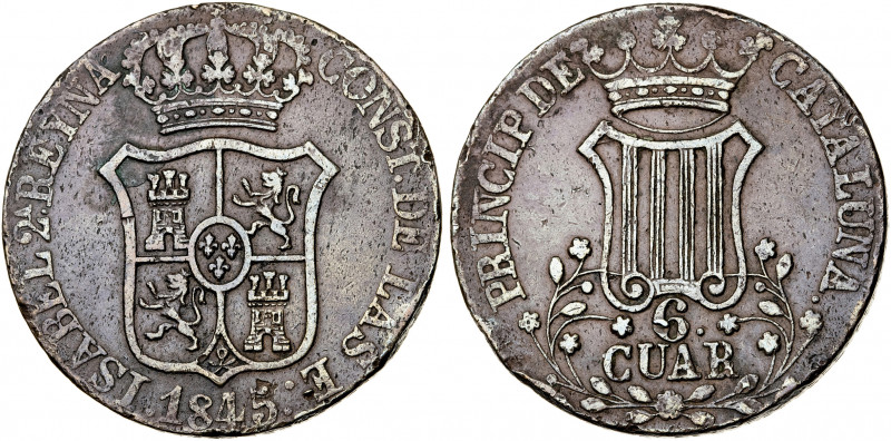 1845. Isabel II. Barcelona. 6 cuartos. (AC. 28). Golpecitos. 14,21 g. MBC-.