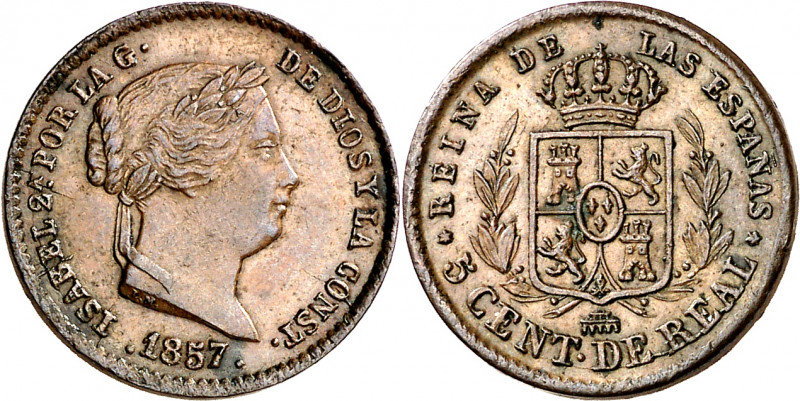 1857. Isabel II. Segovia. 5 céntimos de real. (AC. 162). 2,04 g. EBC.