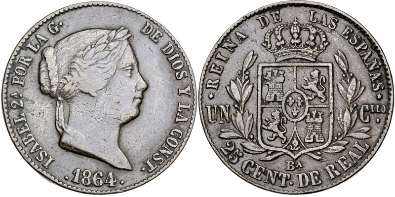 1864. Isabel II. Barcelona. 25 céntimos de real. (AC. 182). Escasa. 9,50 g. MBC-...