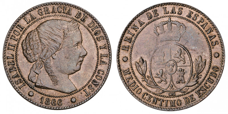 1866. Isabel II. Barcelona. OM. 1/2 céntimo de escudo. (AC. 199). 1,25 g. EBC/EB...