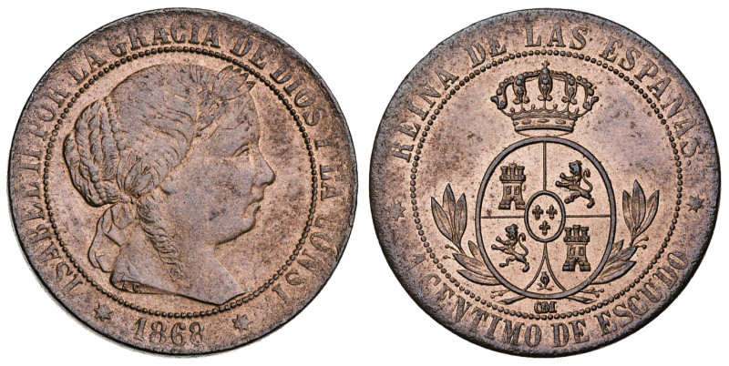 1868. Isabel II. Sevilla. OM. 1 céntimo de escudo. (AC. 229). 2,48 g. EBC-.