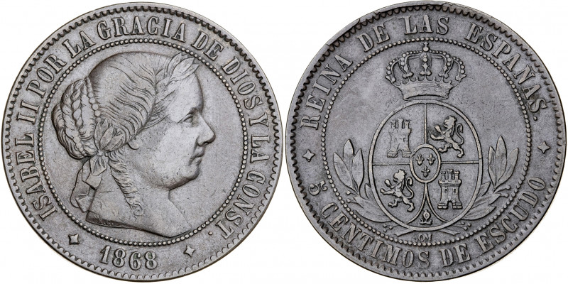 1868. Isabel II. Jubia. OM. 5 céntimos de escudo. (AC. 249). 12,47 g. MBC-.