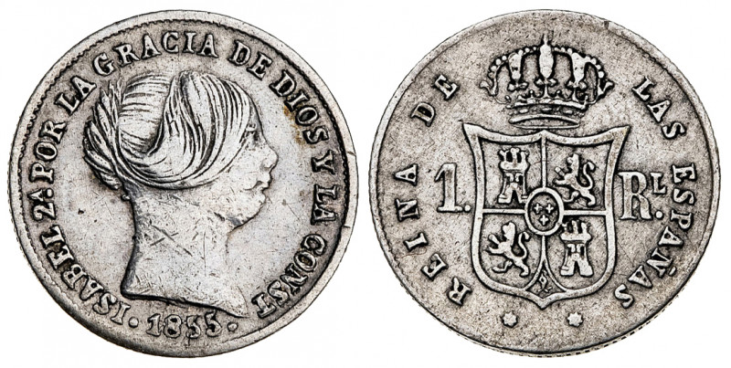 1855. Isabel II. Sevilla. 1 real. (AC. 325). Rayitas. 1,28 g. MBC-.