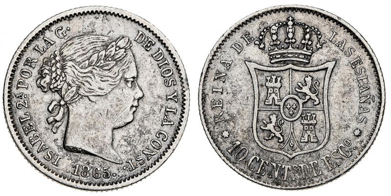 1865. Isabel II. Sevilla. 10 céntimos de escudo. (AC. 342). 1,30 g. MBC-.