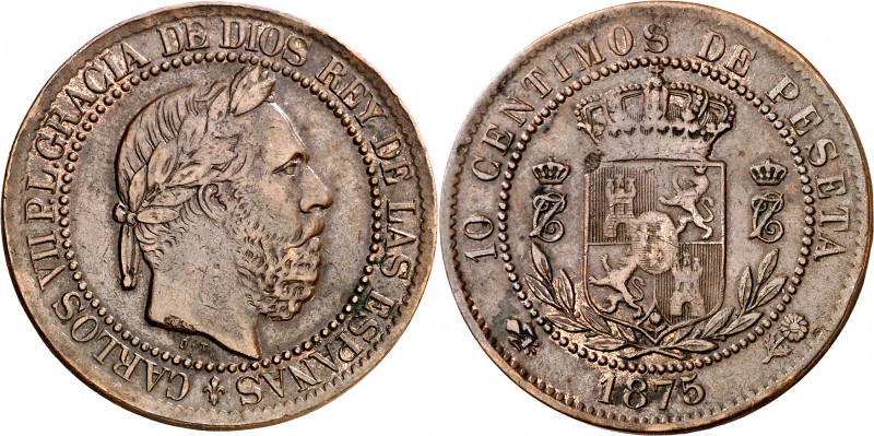 1875. Carlos VII, Pretendiente. Oñate. 10 céntimos. (AC. 5). 9,60 g. MBC-.