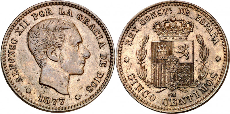 1877. Alfonso XII. Barcelona. OM. 5 céntimos. (AC. 4). Rayitas. 5,16 g. EBC-.