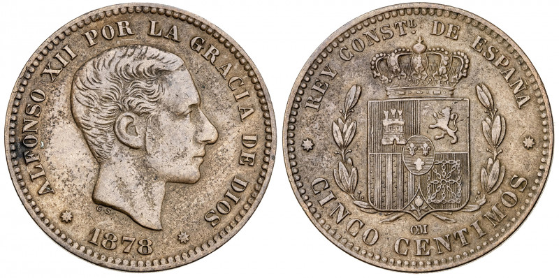 1878. Alfonso XII. Barcelona. OM. 5 céntimos. (AC. 5). 5,09 g. MBC-.