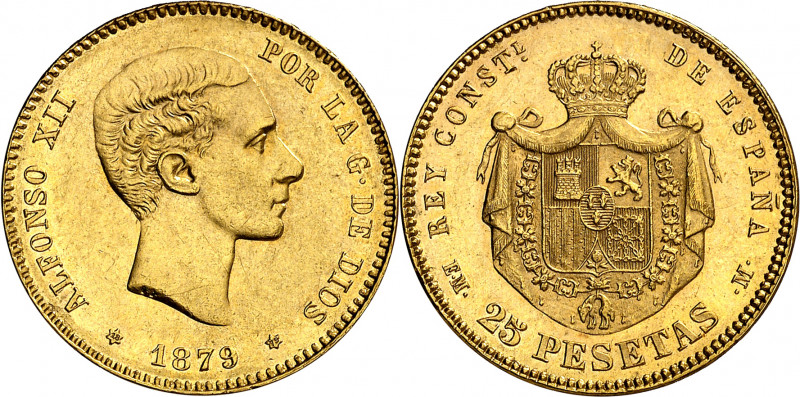 1879*1879. Alfonso XII. EMM. 25 pesetas. (AC. 74). Leves rayitas. Brillo origina...