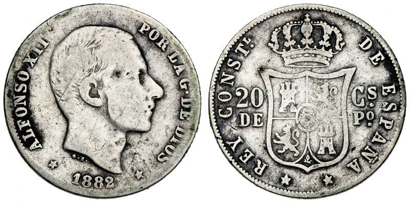 1882. Alfonso XII. Manila. 20 centavos. (AC. 107). Rayitas. 4,89 g. BC+.