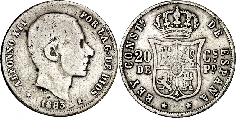 1883. Alfonso XII. Manila. 20 centavos. (AC. 109). 4,96 g. BC+.