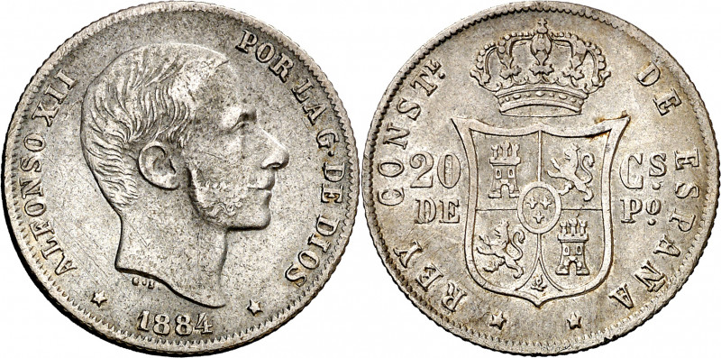 1884. Alfonso XII. Manila. 20 centavos. (AC. 110). Rayitas. Escasa. 4,99 g. MBC-...