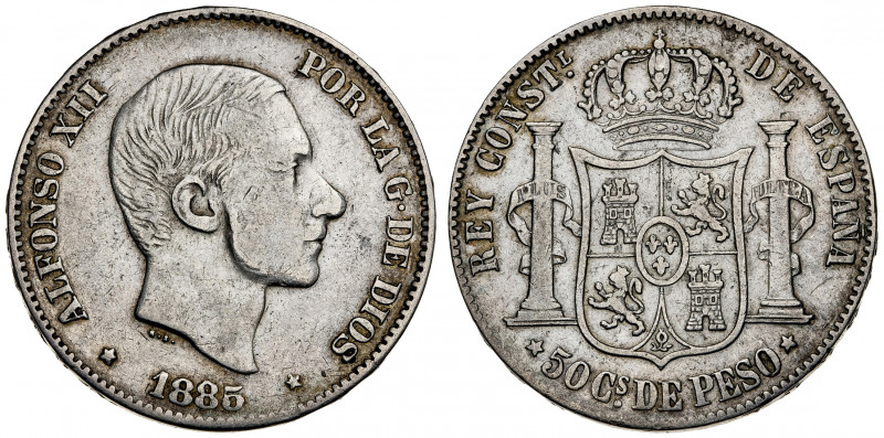 1885. Alfonso XII. Manila. 50 centavos. (AC. 124). 12,86 g. MBC/MBC+.