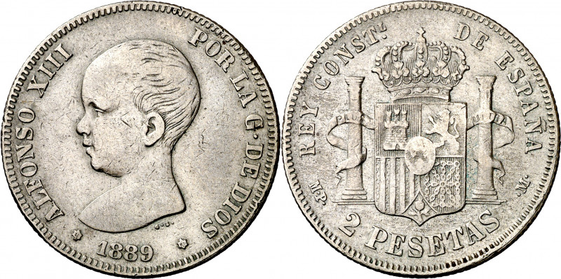 1889*1889. Alfonso XIII. MPM. 2 pesetas. (AC. 82). Escasa. 9,85 g. MBC-/BC+.